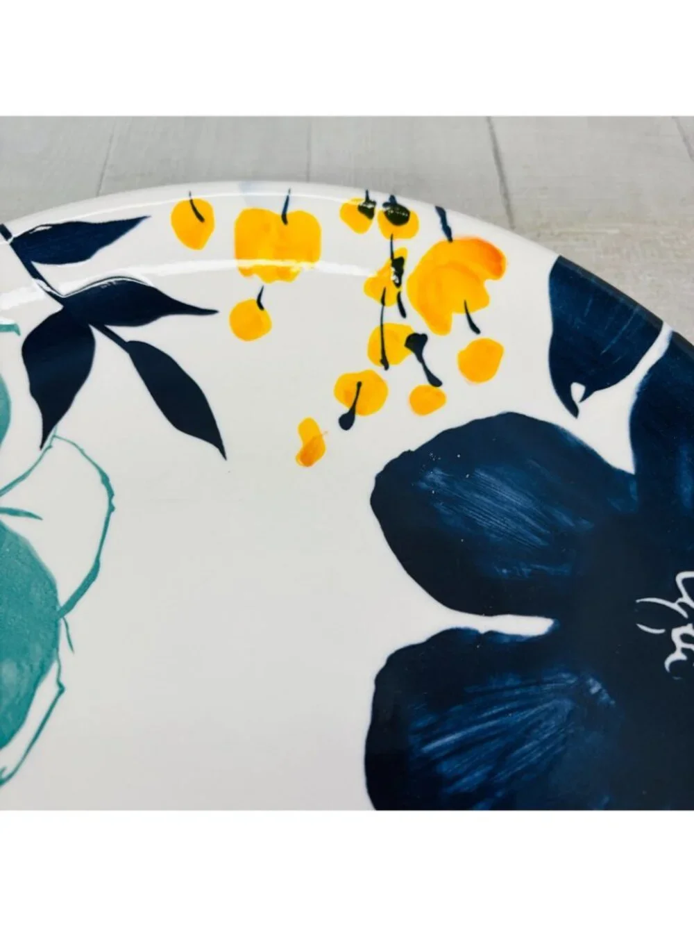 Baum Brothers BELLA FLORAL Indigo Turquoise Yellow Floral Dinner Plates Set of 4
